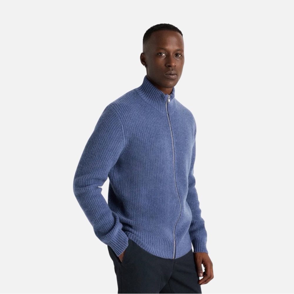 Quince Cashmere Full Zip Sweater in Dusty Blue, Large, New with tags
